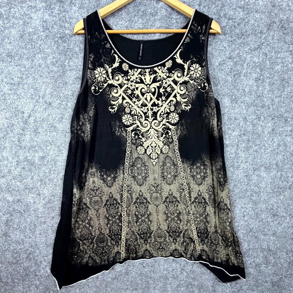 Vintage Y2K Skinny Minnie Tank Top Womens 1X Black Floral Boho Rhinestones Indie